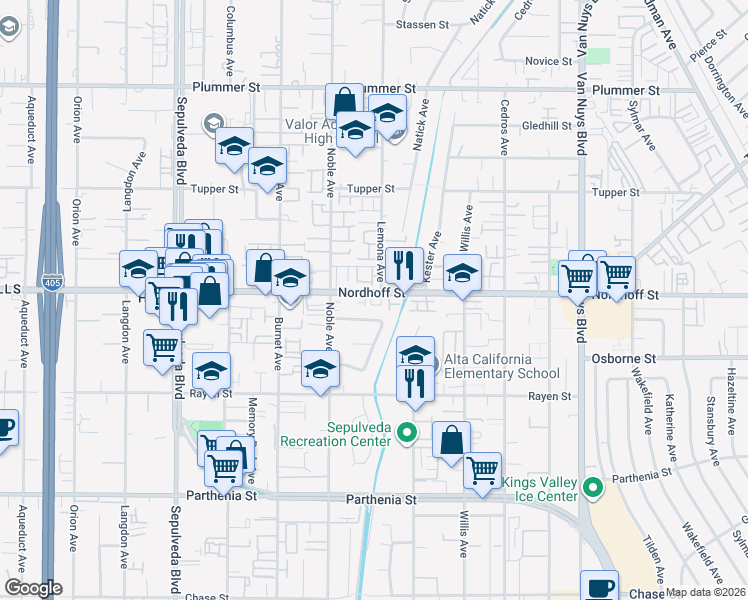 map of restaurants, bars, coffee shops, grocery stores, and more near 15019 Sunburst Street in Los Angeles