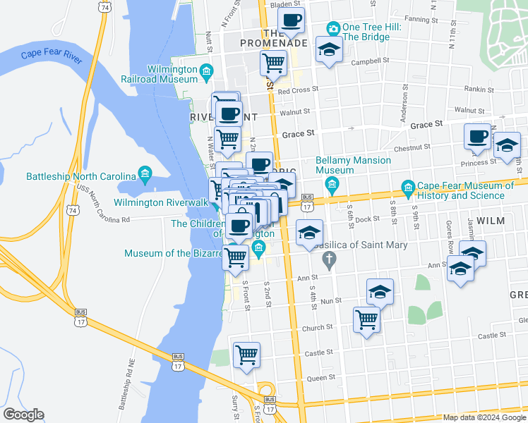 map of restaurants, bars, coffee shops, grocery stores, and more near 200 Market Street in Wilmington