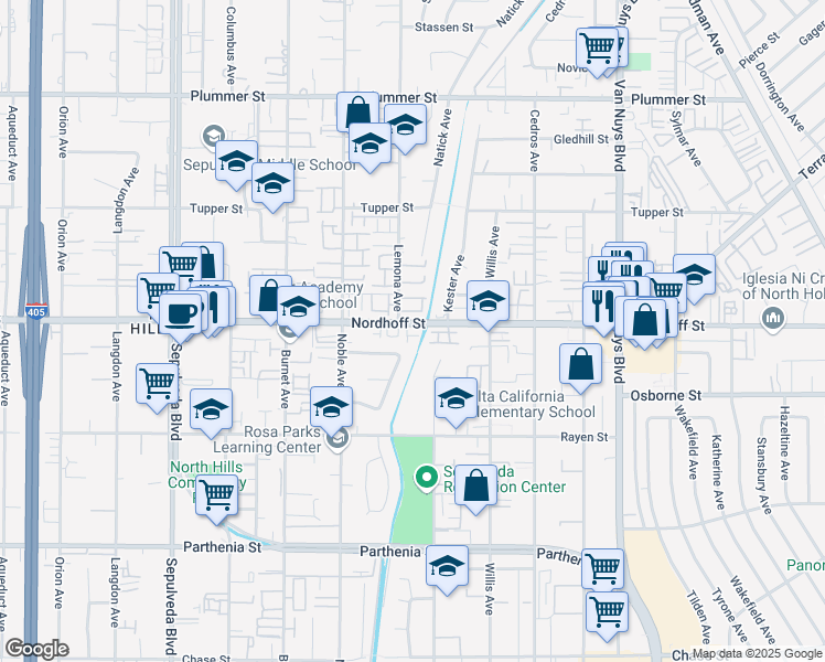 map of restaurants, bars, coffee shops, grocery stores, and more near 14924 Nordhoff Street in Los Angeles