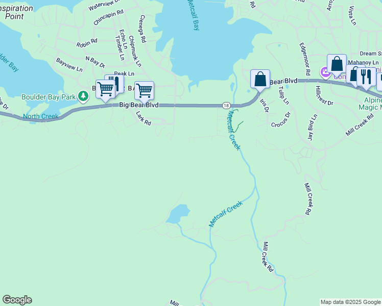 map of restaurants, bars, coffee shops, grocery stores, and more near 39501 Lakeview Pines Road in Big Bear Lake