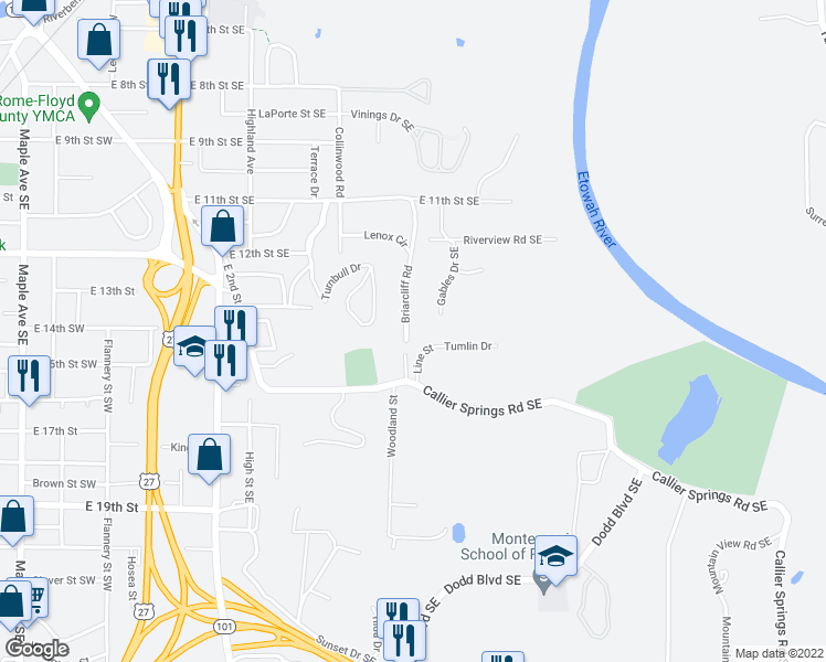 map of restaurants, bars, coffee shops, grocery stores, and more near 17 Briarcliff Road in Rome