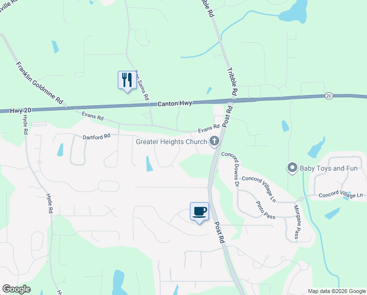 map of restaurants, bars, coffee shops, grocery stores, and more near 4505 Idlewood Drive in Cumming