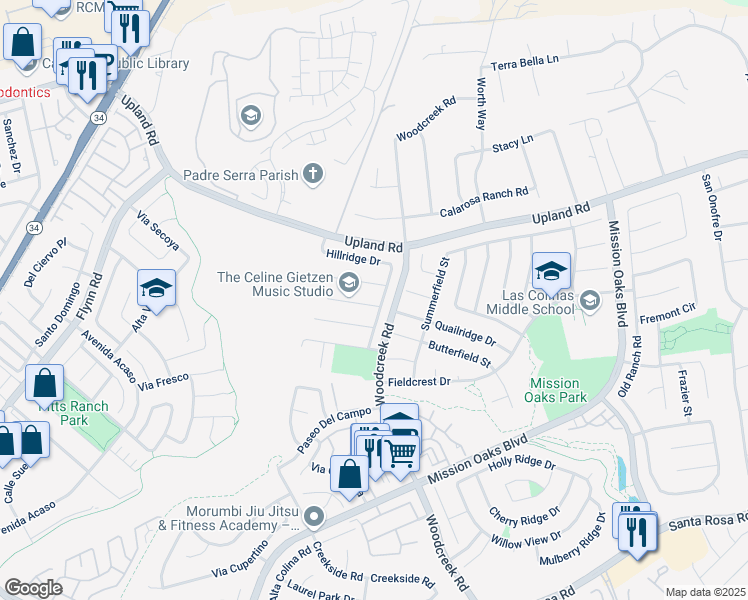 map of restaurants, bars, coffee shops, grocery stores, and more near 5281 Fernridge Court in Camarillo