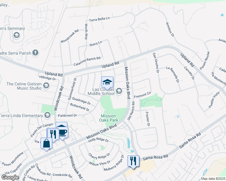 map of restaurants, bars, coffee shops, grocery stores, and more near 5750 Fieldcrest Drive in Camarillo