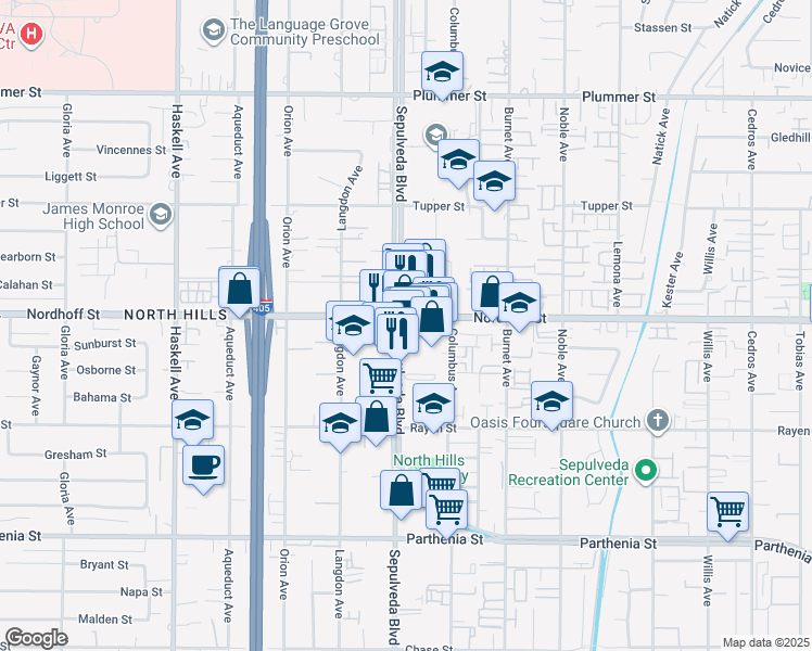 map of restaurants, bars, coffee shops, grocery stores, and more near 9002-9008 Sepulveda Boulevard in Los Angeles
