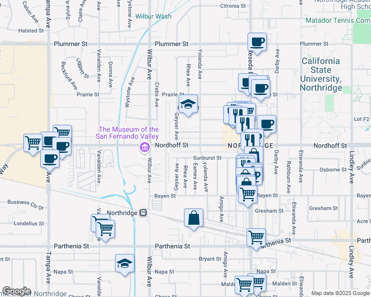 map of restaurants, bars, coffee shops, grocery stores, and more near 18734 Nordhoff Street in Los Angeles