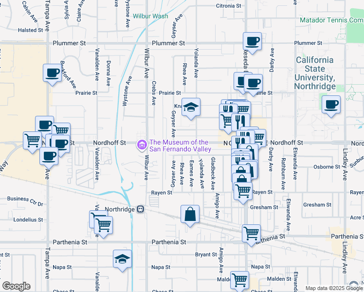 map of restaurants, bars, coffee shops, grocery stores, and more near 18734 Nordhoff Street in Los Angeles