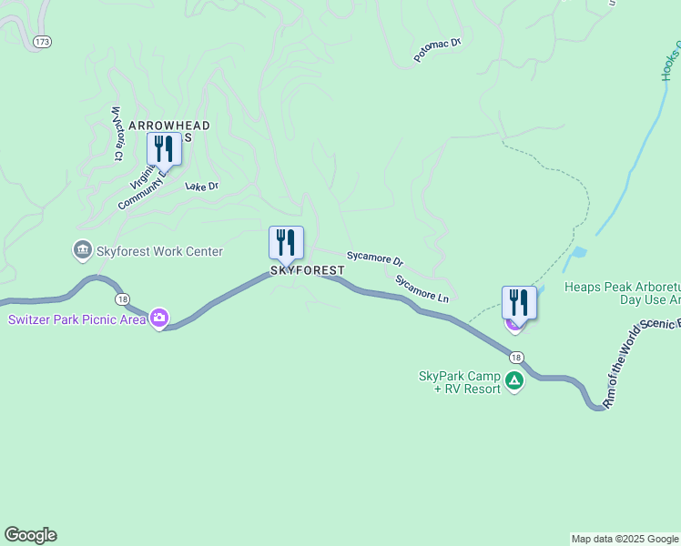 map of restaurants, bars, coffee shops, grocery stores, and more near 28670 California 18 in Lake Arrowhead