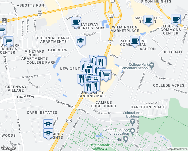 map of restaurants, bars, coffee shops, grocery stores, and more near 20 South College Road in Wilmington
