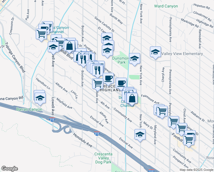 map of restaurants, bars, coffee shops, grocery stores, and more near 1/2 Foothill Boulevard in Glendale