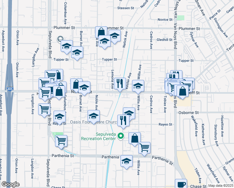 map of restaurants, bars, coffee shops, grocery stores, and more near 14924 Nordhoff Street in Los Angeles