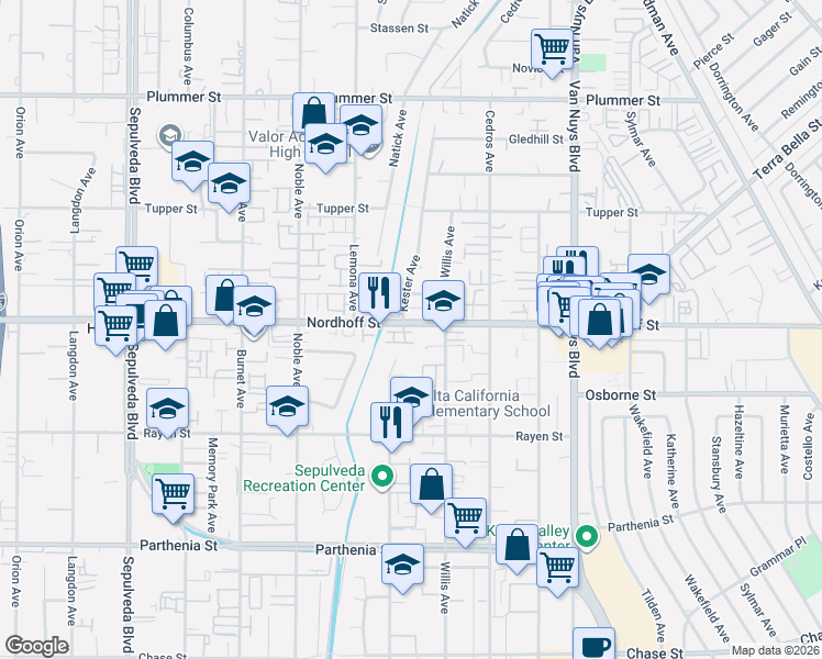 map of restaurants, bars, coffee shops, grocery stores, and more near 14838 Nordhoff Street in Los Angeles