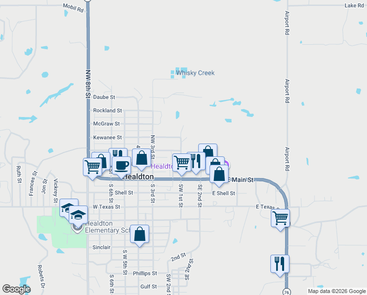map of restaurants, bars, coffee shops, grocery stores, and more near 2 Kewanee Street in Healdton