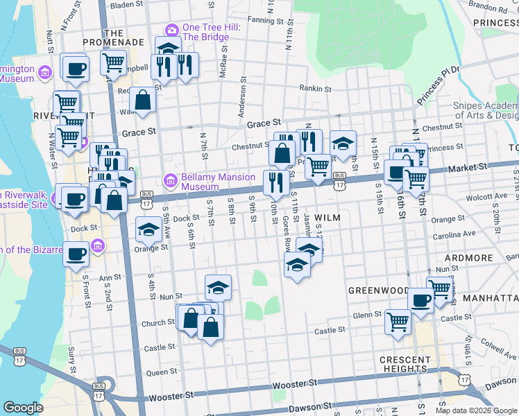map of restaurants, bars, coffee shops, grocery stores, and more near in Wilmington