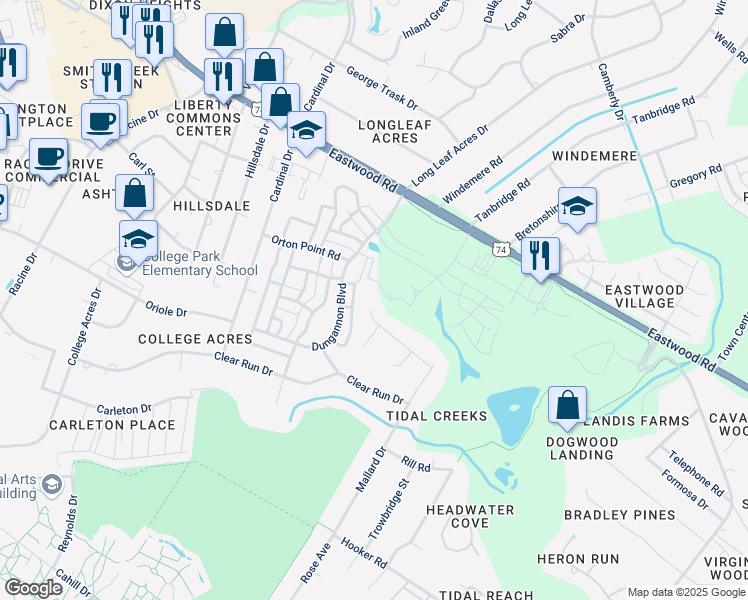 map of restaurants, bars, coffee shops, grocery stores, and more near 5401 Widgeon Drive in Wilmington