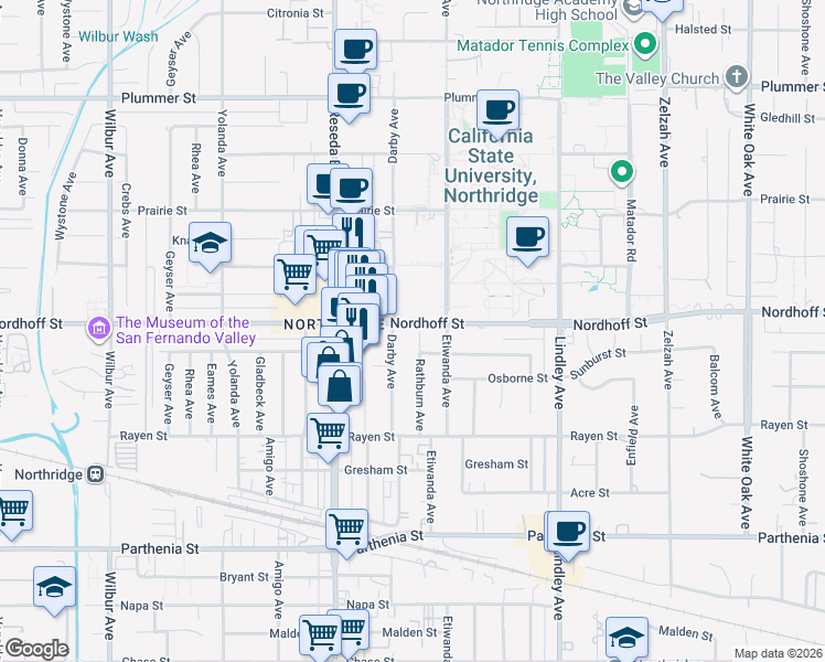 map of restaurants, bars, coffee shops, grocery stores, and more near 9055 Rathburn Avenue in Los Angeles