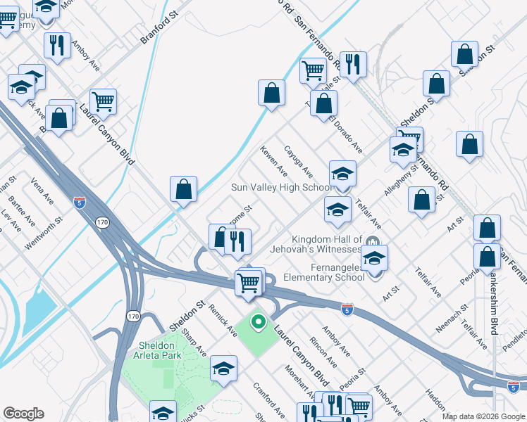 map of restaurants, bars, coffee shops, grocery stores, and more near 9147 Haddon Avenue in Los Angeles
