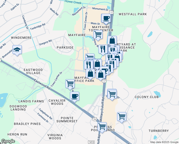 map of restaurants, bars, coffee shops, grocery stores, and more near 6805 Parker Farm Drive in Wilmington
