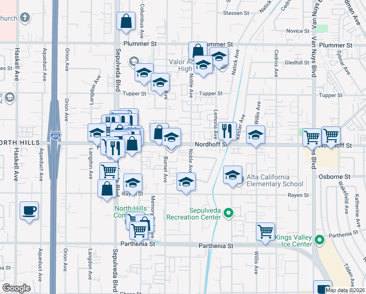 map of restaurants, bars, coffee shops, grocery stores, and more near 15106 Nordhoff Street in Los Angeles