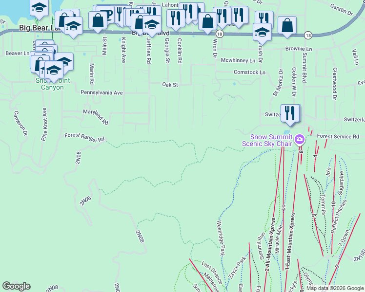 map of restaurants, bars, coffee shops, grocery stores, and more near Town Trail in Big Bear Lake