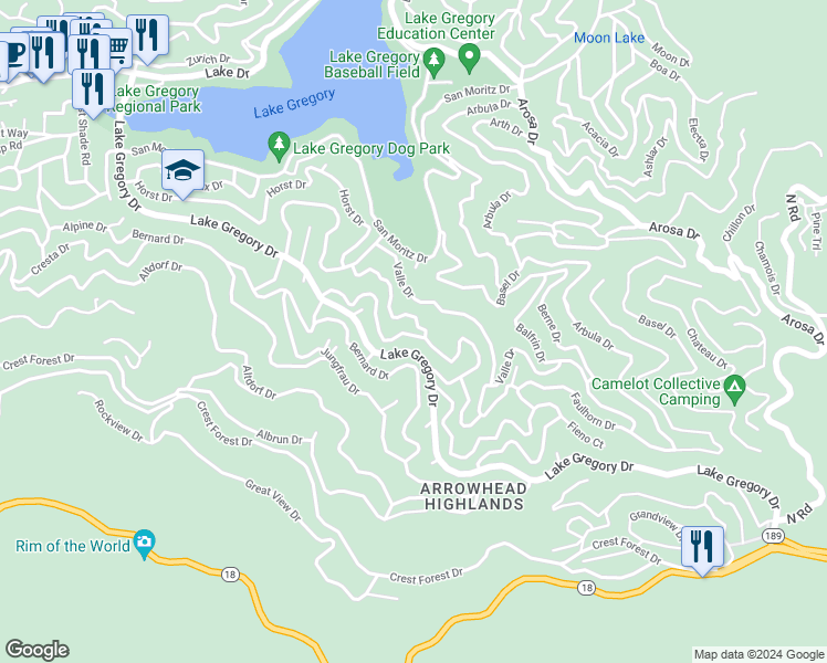 map of restaurants, bars, coffee shops, grocery stores, and more near 990 Nesthorn Drive in Crestline
