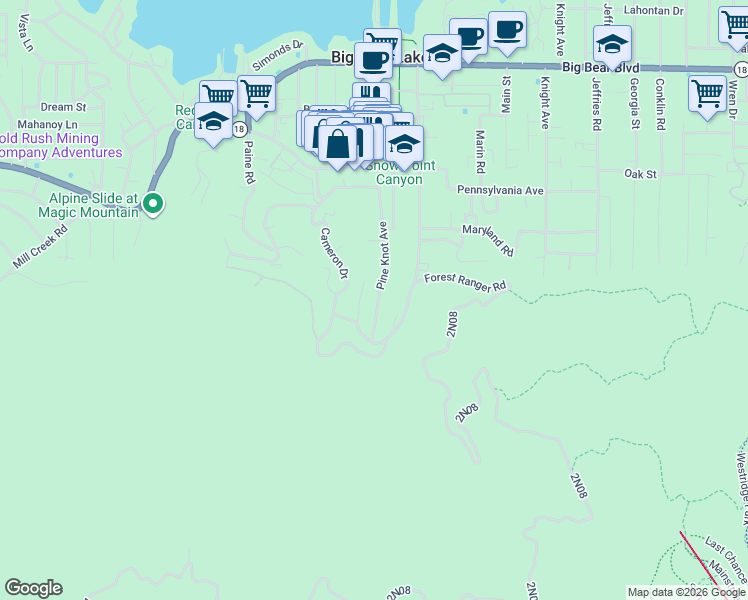 map of restaurants, bars, coffee shops, grocery stores, and more near 652 Pine Knot Avenue in Big Bear Lake