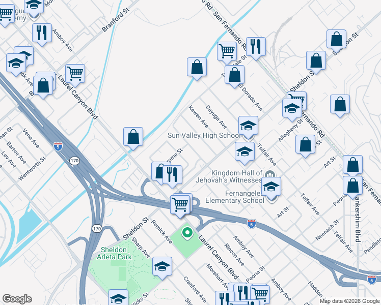 map of restaurants, bars, coffee shops, grocery stores, and more near 9147 Haddon Avenue in Los Angeles