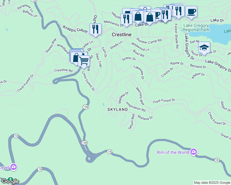 map of restaurants, bars, coffee shops, grocery stores, and more near 983 Venus Way in Crestline