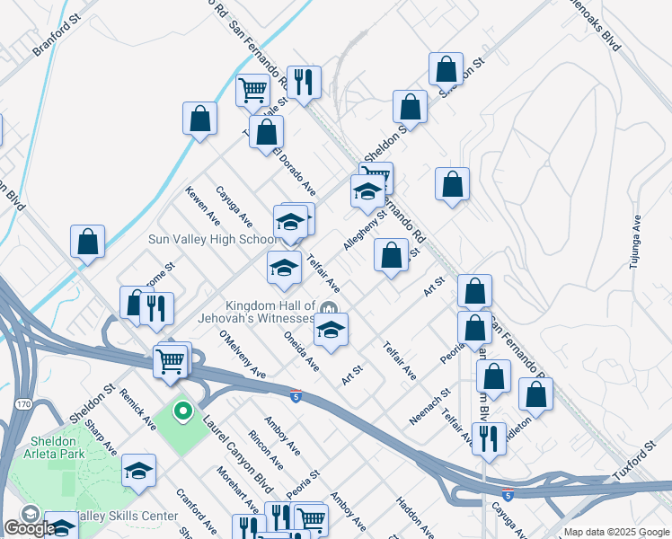 map of restaurants, bars, coffee shops, grocery stores, and more near 9120 Telfair Avenue in Los Angeles