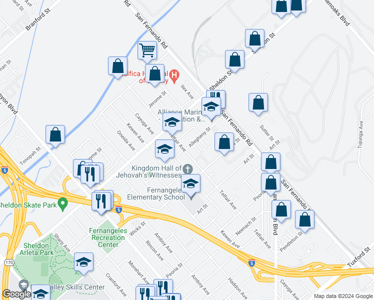 map of restaurants, bars, coffee shops, grocery stores, and more near 12021 Allegheny Street in Los Angeles
