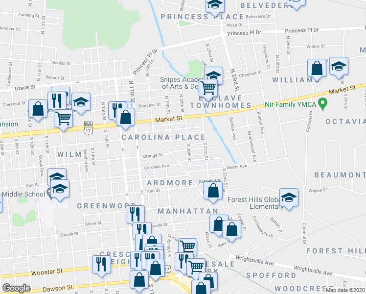 map of restaurants, bars, coffee shops, grocery stores, and more near 1917 Wolcott Avenue in Wilmington