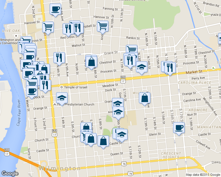 map of restaurants, bars, coffee shops, grocery stores, and more near in Wilmington