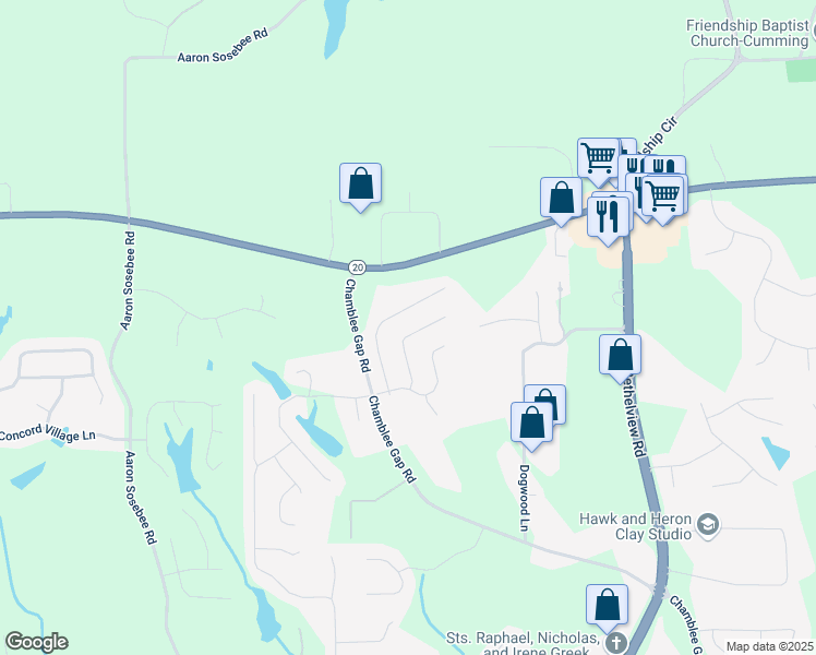 map of restaurants, bars, coffee shops, grocery stores, and more near 3715 Bridges Court in Cumming