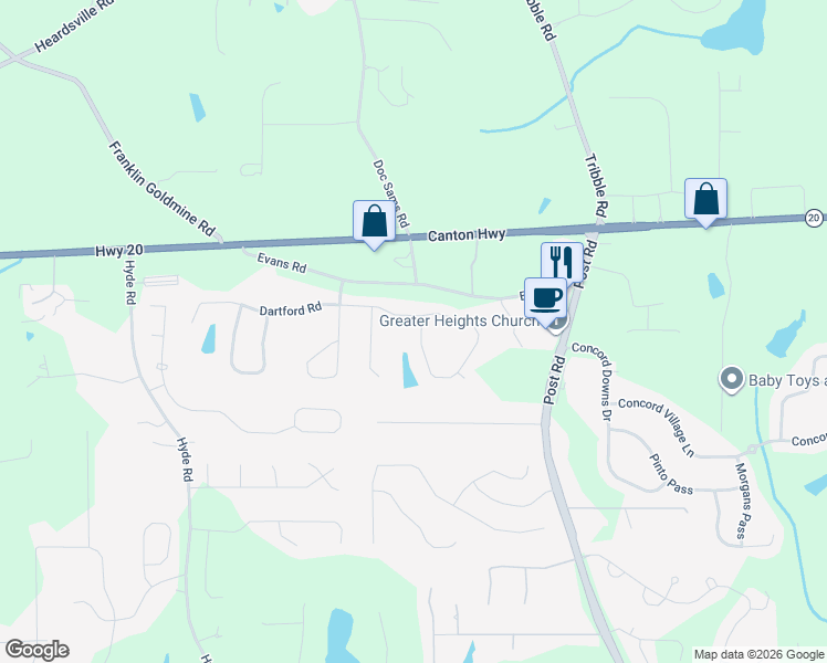 map of restaurants, bars, coffee shops, grocery stores, and more near 3919 Evans Road in Cumming