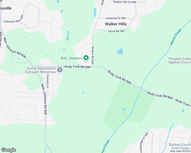 map of restaurants, bars, coffee shops, grocery stores, and more near 36 Tower Ridge Road Northwest in Cartersville