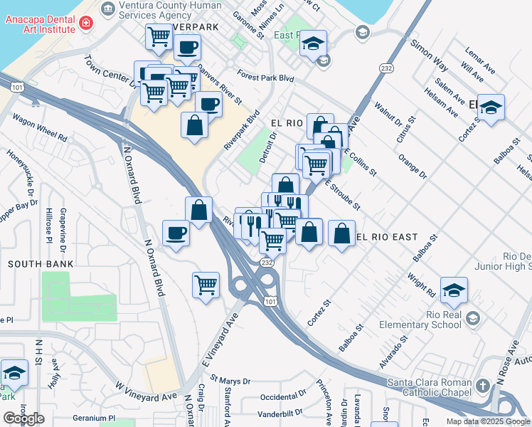 map of restaurants, bars, coffee shops, grocery stores, and more near 277 Olive Street in Oxnard