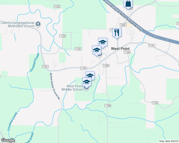 map of restaurants, bars, coffee shops, grocery stores, and more near 4545 County Road 1141 in West Point
