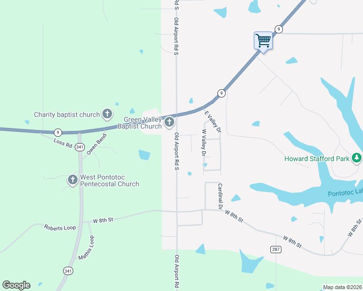 map of restaurants, bars, coffee shops, grocery stores, and more near 280 Old Airport Road South in Pontotoc