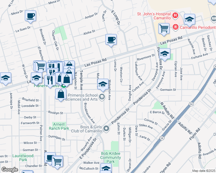 map of restaurants, bars, coffee shops, grocery stores, and more near 1775 Wolverton Avenue in Camarillo