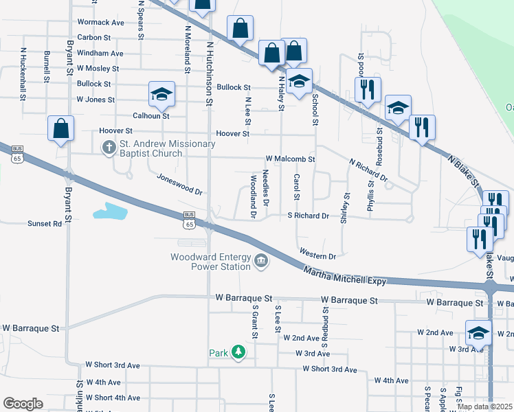 map of restaurants, bars, coffee shops, grocery stores, and more near 17 Woodland Drive in Pine Bluff