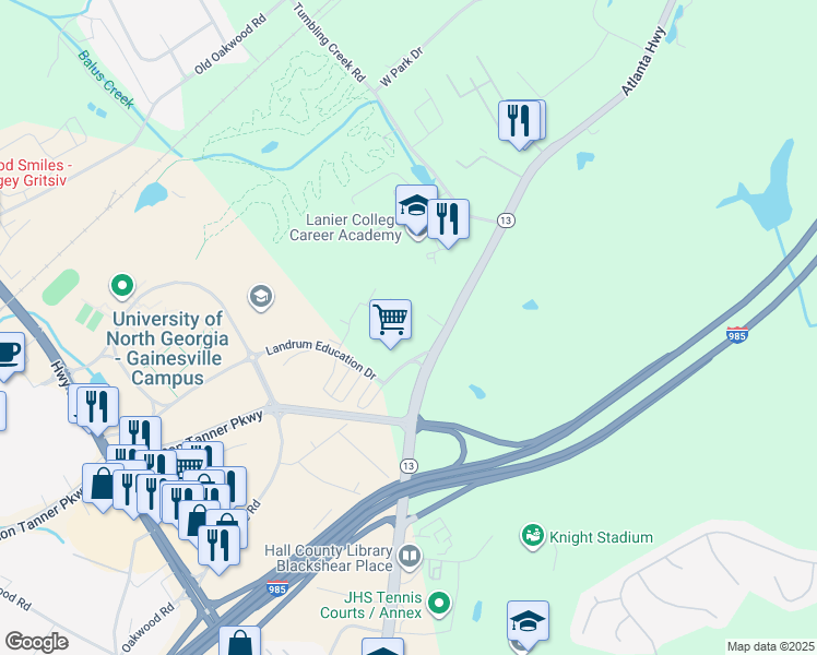 map of restaurants, bars, coffee shops, grocery stores, and more near 2756 Atlanta Highway in Gainesville