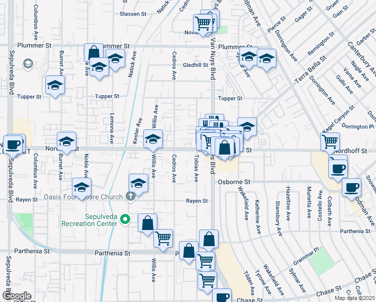 map of restaurants, bars, coffee shops, grocery stores, and more near 14657 Nordhoff Street in Los Angeles