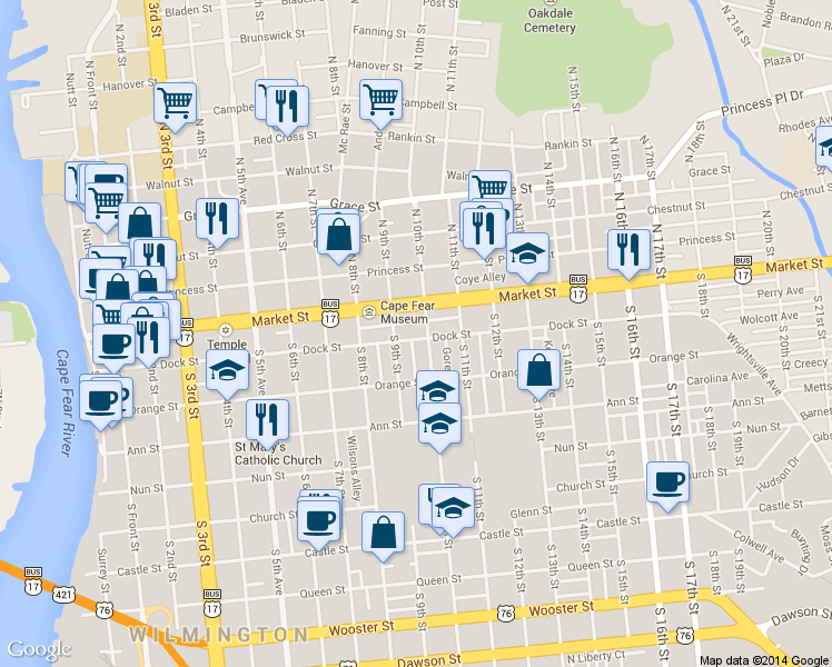 map of restaurants, bars, coffee shops, grocery stores, and more near 915 Dock Street in Wilmington