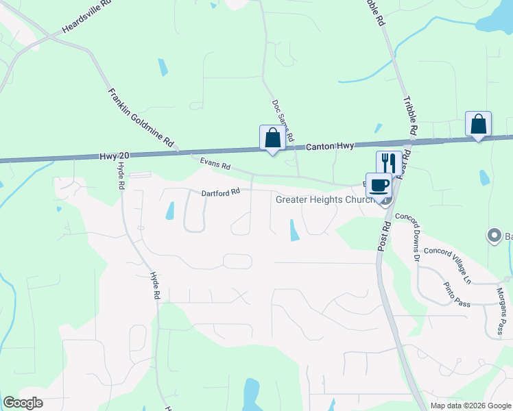 map of restaurants, bars, coffee shops, grocery stores, and more near 4235 Evans Farms Drive in Cumming