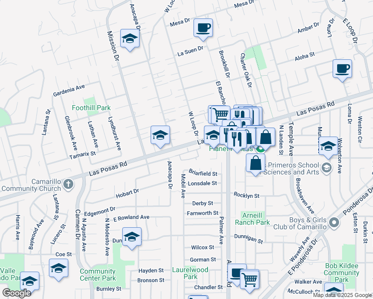 map of restaurants, bars, coffee shops, grocery stores, and more near 2113 Euclid Avenue in Camarillo
