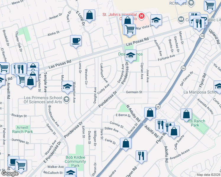 map of restaurants, bars, coffee shops, grocery stores, and more near 1693 Dewayne Avenue in Camarillo