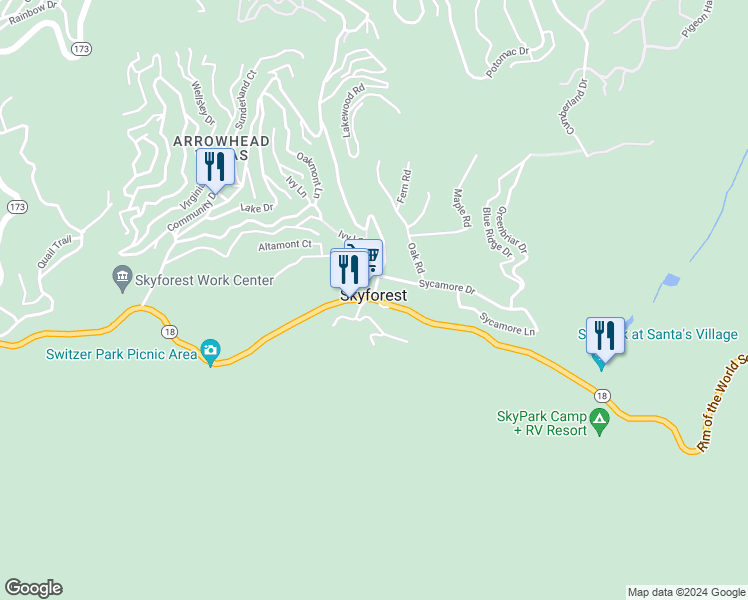 map of restaurants, bars, coffee shops, grocery stores, and more near in Lake Arrowhead