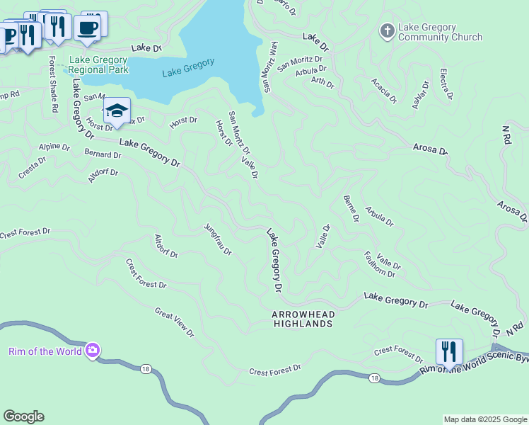 map of restaurants, bars, coffee shops, grocery stores, and more near 990 Nesthorn Drive in Crestline