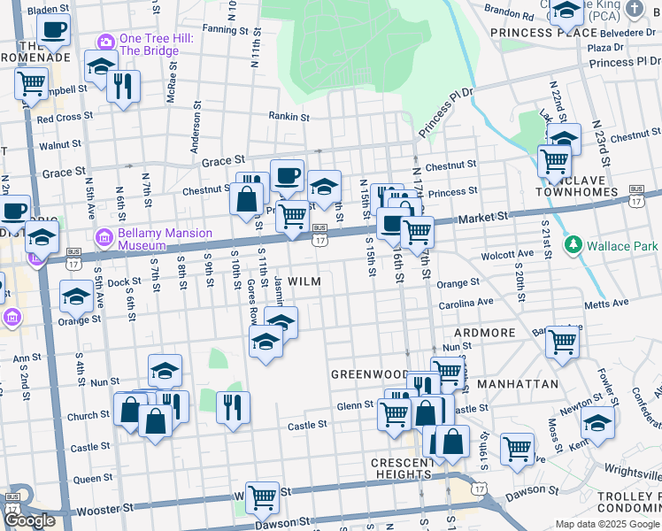 map of restaurants, bars, coffee shops, grocery stores, and more near 1312 Dock Street in Wilmington