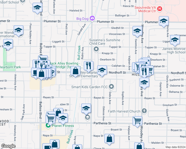 map of restaurants, bars, coffee shops, grocery stores, and more near 9062 Hayvenhurst Avenue in Los Angeles